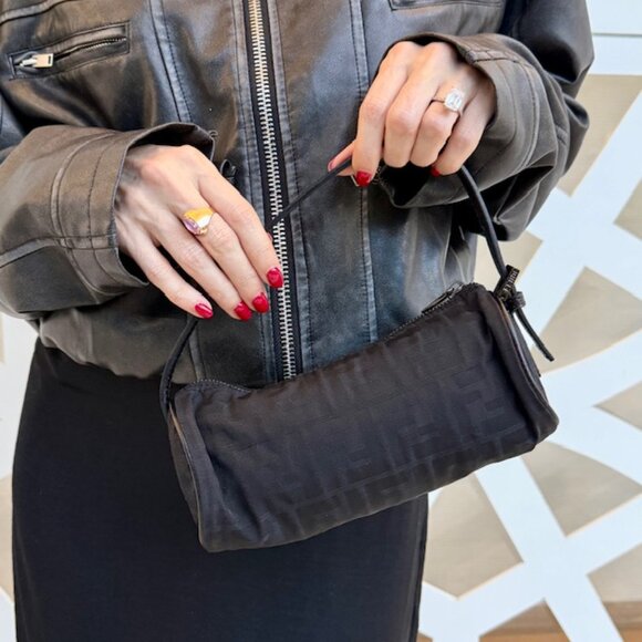 Rare FENDI Zucca FF Barrel Pochette Black - Picture 1 of 9